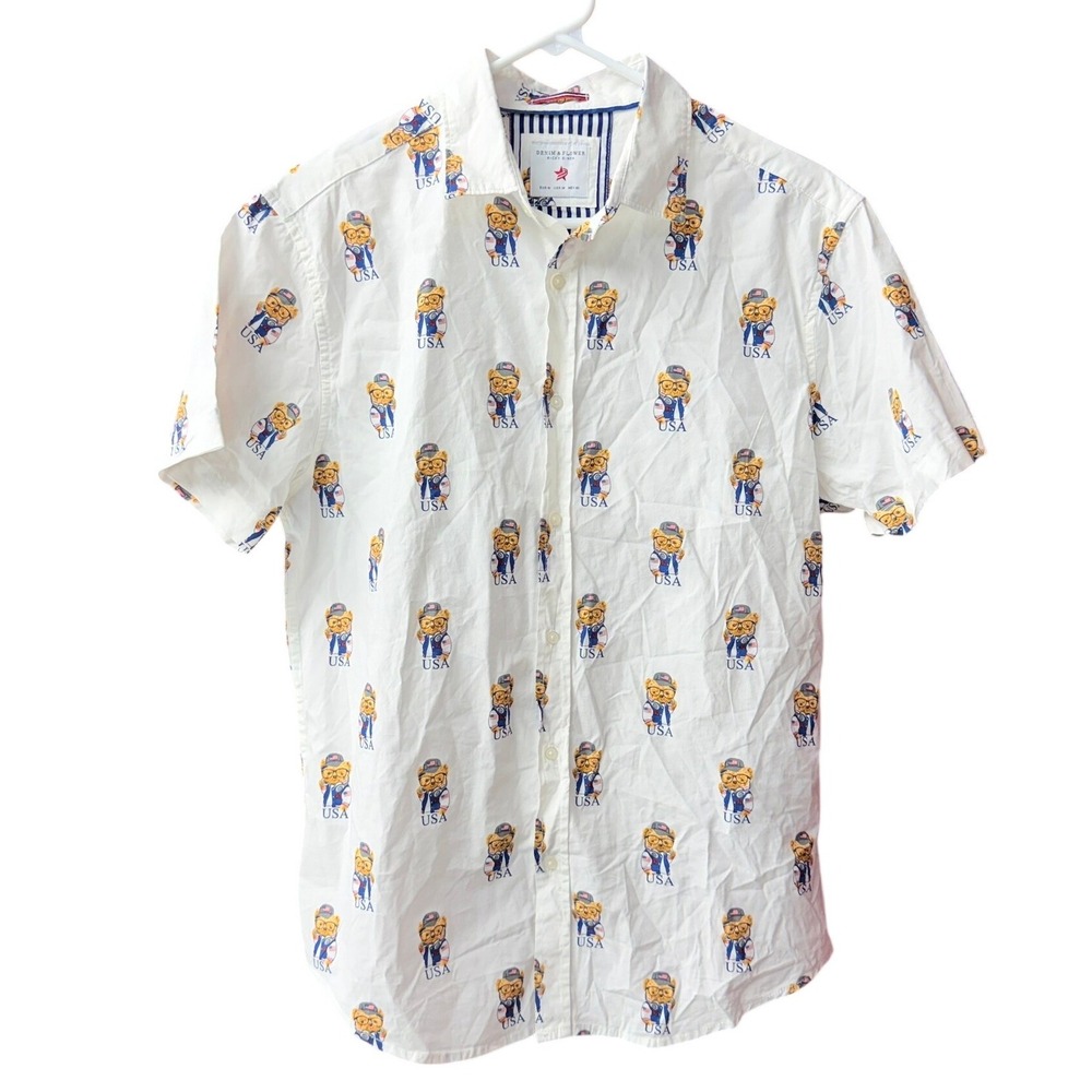 Denim & Flower Ricky Singh Button Down Shirt Mens Med White USA Bear‎ Print